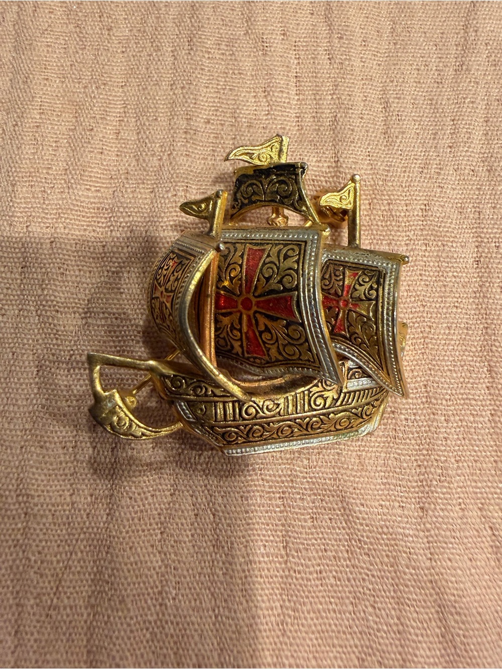 Damascene Sailboat Brooch signed Spain